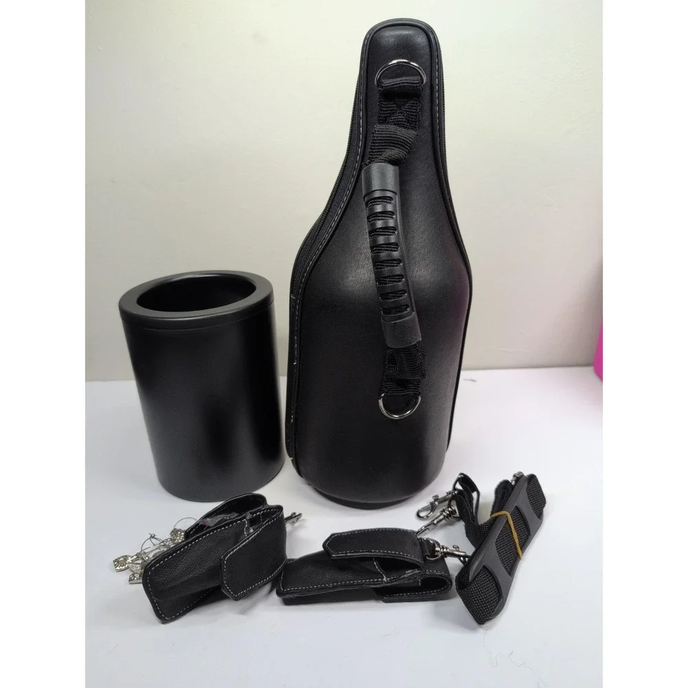 GENUINE‎ BLK LEATHER CaddyO Wine Bottle Caddy / Carrier w/Accessories - No Box